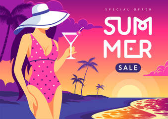 Retro flat summer big sale poster with beautiful girl in swimsuit on tropic beach  background. Vector illustration
