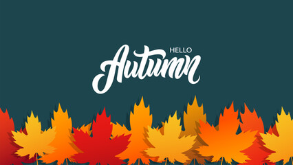 Hello Autumn banner with hand lettering and maple leaves for Fall season graphic design. Vector illustration.
