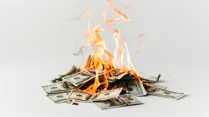 Flaming pile of hundred-dollar bills on a white background. Concept of economic decline and financial instability.