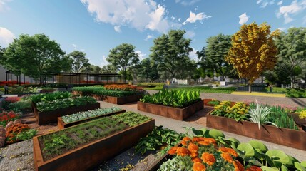Generate a photo realistic image of urban agriculture initiatives integrating community gardens and rooftop farms; ensure the image is of high resolution for clear and detailed quality,