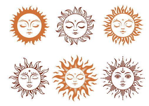 Boho sun sign, vector silhouette design. Sun with face set of celestial elements. Vector monochrome illustration. linear sacred symbols of magic, mysticism and alchemy.