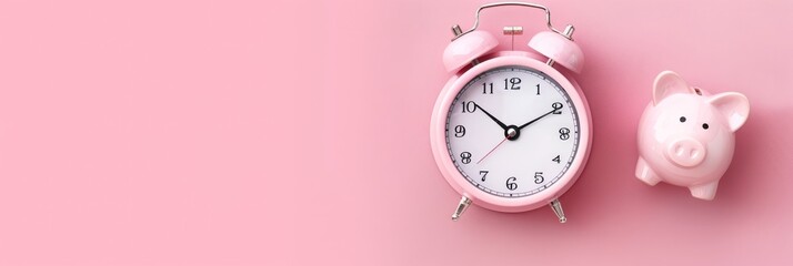 Pink alarm clock and piggy bank on pink background. Representation of financial management and tax time