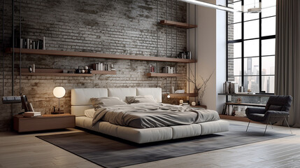 luxurious and modern bedroom interiors featuring sleek design elements, stylish furniture, soft lighting, and large windows, creating a sophisticated and comfortable living space