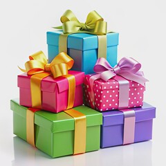 Obraz premium Vibrant stack of colorful wrapped gift boxes with elegant bows, inviting composition with ample copyspace, perfect for festive holiday greetings and celebrations.