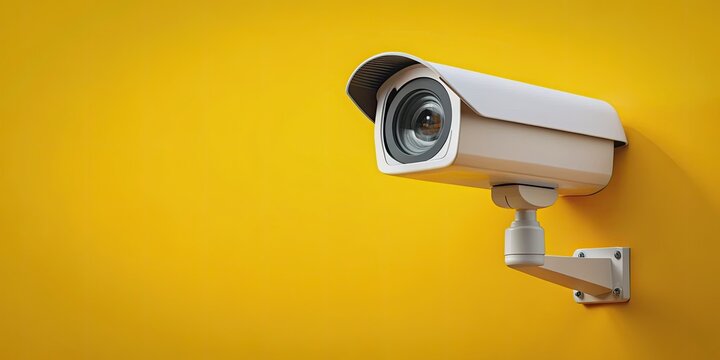 Modern security camera with sleek design stands isolated on bright yellow background, surrounded by empty white text space, conveying safety and surveillance concepts.