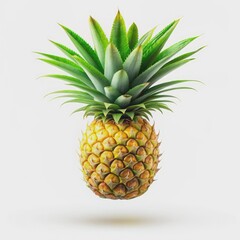 Fototapeta premium Vibrant yellow pineapple with lush green leaves and sweet aroma, perfectly ripe and juicy, suspended in mid-air against a crisp white background.