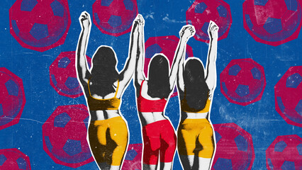 Poster. Contemporary art collage. Rear view of women in colorful athletic outfits, arms raised in victory against vivid background with soccer balls. Concept of sport events, Textured effect. Ad