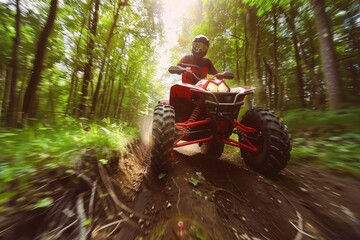 off road vehicle quad racing fast in a green forest. ai generative