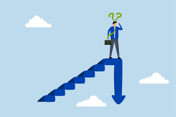 Stock market decline in crisis, frustrated businessman investor climbs stairs with arrow down on top.