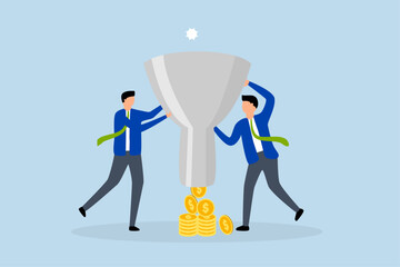 sale funnel, business marketer with shopping cash flow funnel.