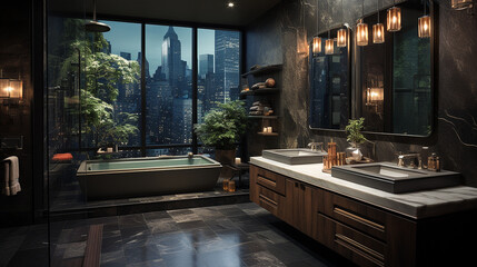 luxurious bathroom interiors featuring modern freestanding bathtubs, glass shower enclosures, and large windows with scenic forest views. The design incorporates dark, elegant finishes and natural ele