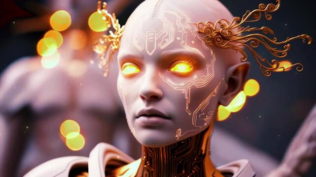 Ethereal Character with Metallic Skin and Intricate Golden Headgear, Glowing Eyes in a Warm Bokeh Background