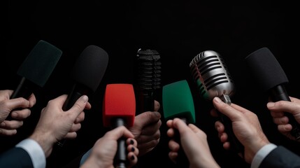 Diverse reporters with microphones at a press conference