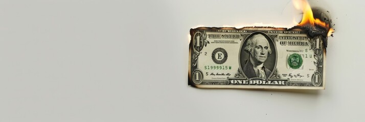 One-dollar bill burning from the right side on a white background. Depicting the concept of financial decline.
