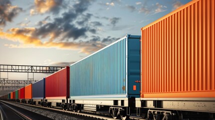 Efficient Distribution and Logistics, Freight Train Transporting Colorful Cargo Containers, high-resolution photo, realistic photo, cinematography, hyper realistic