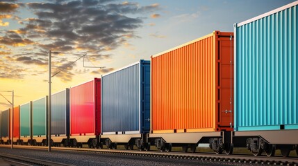 Fototapeta premium Efficient Distribution and Logistics, Freight Train Transporting Colorful Cargo Containers, high-resolution photo, realistic photo, cinematography, hyper realistic