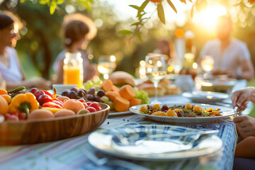 Generative AI picture of delightful picnic nature park bbq family friends couple together