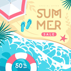 Top view summer big sale banner or poster with ocean waves, sand beach and palm leaves. Vector illustration