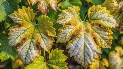 Yellowing grape leaves with white, cotton-like growths and blackish veins, symptoms of downy mildew disease caused by Plasmopara viticola, a major viticulture threat.