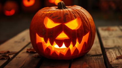 Obraz premium Halloween Jack-o'-Lantern Glowing on Wooden Table