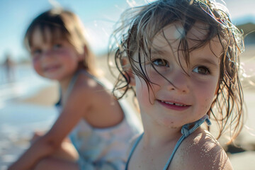 Lovely small kid having fun time with family weekend at tropical summer beach made with Generative AI