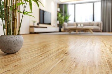 A bamboo floor in a modern living room, with a natural, eco-friendly look. The background features a stylish
