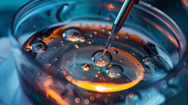 Close-up of the moment of embryo transfer, with the Scientis using specialized equipment to handle the test tube and embryo