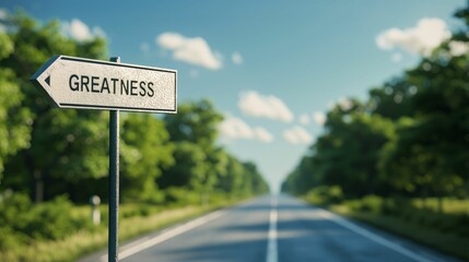 An AI illustartion of a road sign pointing towards greatness with a blurred road and greenery