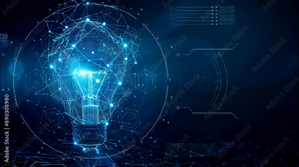 Wall mural digital light bulb composed of network nodes. seamless loop video background