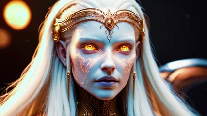 Surreal Character with Pale Metallic Skin and Intense Glowing Golden Eyes, Set Against a Warm Bokeh Background