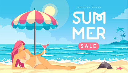 Flat summer big sale poster with beautiful girl in swimsuit on tropic beach  background. Vector illustration