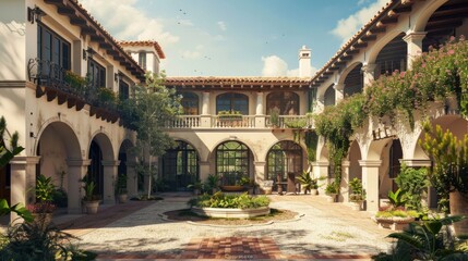Fototapeta premium Generate a prompt for a photo realistic image of a Mediterranean villa with a central courtyard, terracotta roof tiles, and arched windows. 