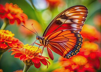 Obraz premium Vibrant red butterfly with delicate wings perched on a bright orange flower, showcasing intricate details and stunning contrasting colors in natural macro setting.
