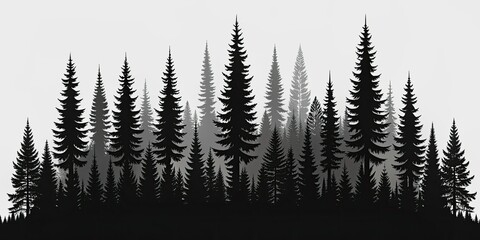 Stylized black silhouette of dense pine trees forest isolated on pure white background, creating a striking contrast and dramatic minimalist composition.