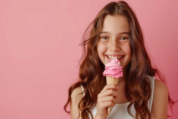 portrait of girl eating ice cream on color background