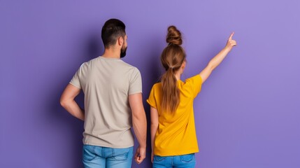 Obraz premium A man and a woman are standing next to each other pointing at something. The man is wearing a gray shirt and the woman is wearing a yellow shirt. Scene is lighthearted and playful