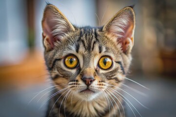 Adorable small cat with bright yellow eyes and open mouth, looking shocked and worried, stares directly at camera with a priceless expression of surprise.