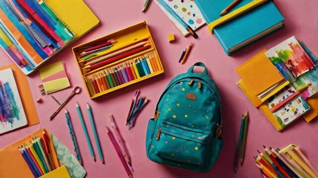  School Supplies and Backpacks on Pink Background. Back to school concept 