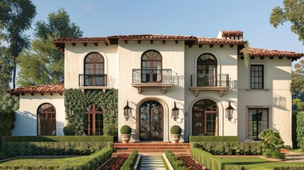 Fototapeta premium Generate a prompt for a photo realistic image of a Spanish Colonial Revival residence with stucco walls, tiled roof, and wrought iron details.