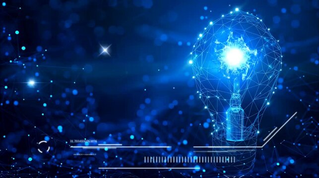 Lightbulb hologram with blue explosion energy. Seamless looping time-lapse 4k video animation background