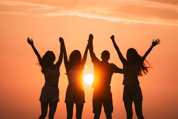 Fototapeta premium Happy Friendship Day Sunset Celebration: Friends Hugging, Bonding, and Enjoying Togetherness in a Beautiful Sunset Scene - Perfect for Friendship Day Celebration