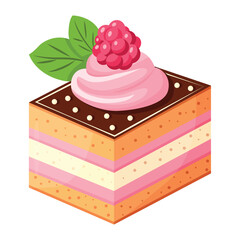 Piece of cake with raspberry filling and green leaf. The cake is cut into squares and covered with chocolate icing.