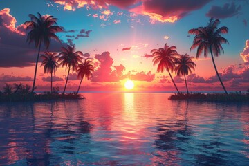 retro sunset, palm trees on both sides