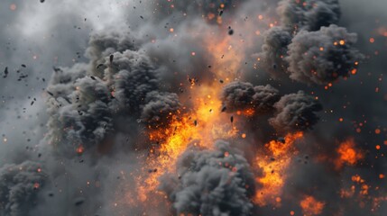 Fire explosion particles flying with black or grey dark smog cloud smoke. Dust texture spray splash, ash burst motion effect wallpaper