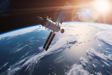 satellite in orbit floating over planet earth seen from space