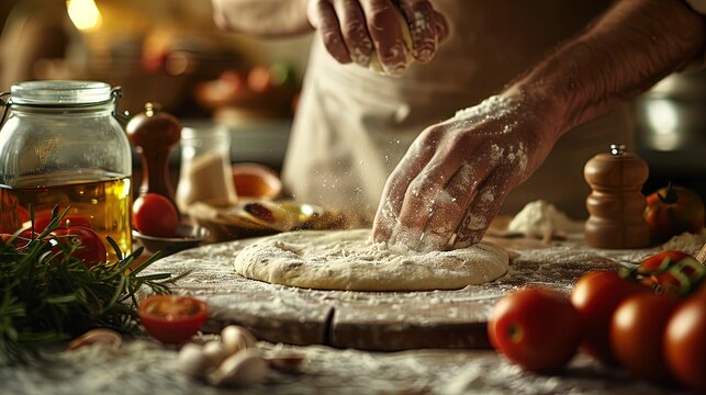 Chef Kneading Dough with Fresh Ingredients on Wooden Table
