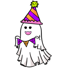 Cute cartoon ghost with Halloween bunting for Halloween party 
