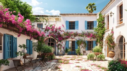 Fototapeta premium A picturesque, Mediterranean villa with white walls, blue shutters, and a courtyard filled with blooming bougainvillea.