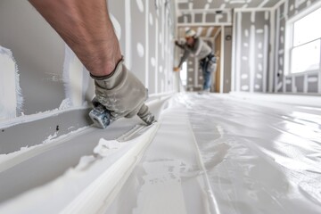 Sheets of drywall being installed in a new home, with a worker taping and mudding the seams