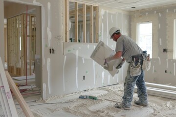 Sheets of drywall being installed in a new home, with a worker taping and mudding the seams